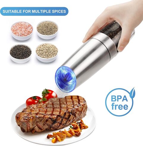 Pepper Grinder, Gravity Electric Pepper Mill, Battery Operated Automatic Salt Mill with Blue LED Light, One Handed Operation, Adjustable Coarseness, Black（Including Stainless Steel Spoon） in Saudi Arabia