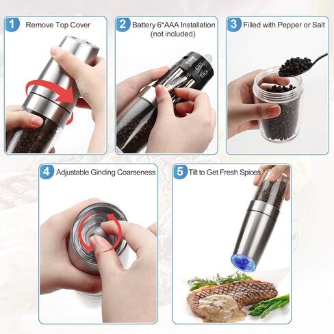 Pepper Grinder, Gravity Electric Pepper Mill, Battery Operated Automatic Salt Mill with Blue LED Light, One Handed Operation, Adjustable Coarseness, Black（Including Stainless Steel Spoon） in Saudi Arabia