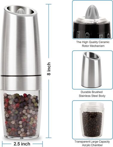 Pepper Grinder, Gravity Electric Pepper Mill, Battery Operated Automatic Salt Mill with Blue LED Light, One Handed Operation, Adjustable Coarseness, Black（Including Stainless Steel Spoon） in Saudi Arabia