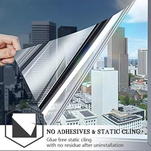 One-way privacy window film, daytime window film, sun protection and UV protection non-adhesive privacy film, reflective window film for home and office（Black Silver） in Saudi Arabia