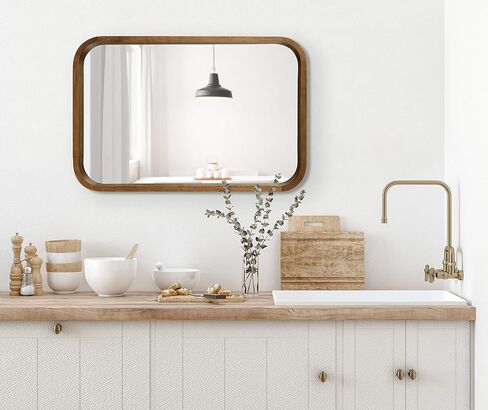 Kate and Laurel Hutton Modern Rounded Rectangle Wall Mirror, 24 x 36, Natural Rustic, Decorative Farmhouse Rectangular Wall Decor for Bathroom Mirror for Over Sink in Saudi Arabia