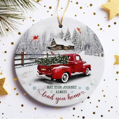 Christmas Ornament 2024 - May Your Journey Always Lead You Home - Red Christmas Decoration | Red Truck Farmhouse Jesus Ceramic Christmas Decorations in Saudi Arabia