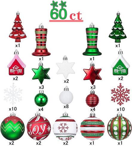 Christmas Ball Ornaments Set, 60 ct Red Green White Assorted Xmas Elements Theme Ornaments, Shatterproof Decorative Hanging Ball Ornaments for Holidays Party Wedding Christmas Tree Decoration in Saudi Arabia