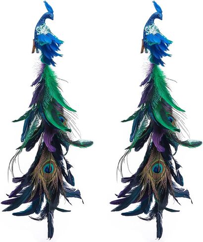 2pcs Large Artificial Peacock Ornaments,23" Glitter Blue Peacork with Long Tail,Christmas Peacock Cilp On Ornaments for Xmas Tree Decoration (Peacock Ornaments) in Saudi Arabia