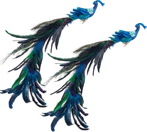 2pcs Large Artificial Peacock Ornaments,23" Glitter Blue Peacork with Long Tail,Christmas Peacock Cilp On Ornaments for Xmas Tree Decoration (Peacock Ornaments) in Saudi Arabia