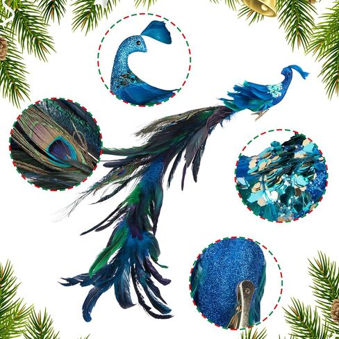 2pcs Large Artificial Peacock Ornaments,23" Glitter Blue Peacork with Long Tail,Christmas Peacock Cilp On Ornaments for Xmas Tree Decoration (Peacock Ornaments) in Saudi Arabia