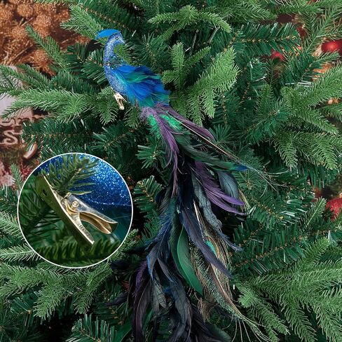 2pcs Large Artificial Peacock Ornaments,23" Glitter Blue Peacork with Long Tail,Christmas Peacock Cilp On Ornaments for Xmas Tree Decoration (Peacock Ornaments) in Saudi Arabia