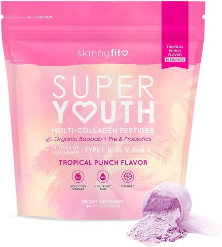 SkinnyFit Super Youth Tropical Punch متعدد الكولاجين الببتيدات + البروبيوتيك، ألياف الباوباب، خل التفاح، حمض الهيالورونيك، وفيتامين C، الجلد، الشعر، المفاصل والتمثيل الغذائي، 30 وجبة in Kuwait