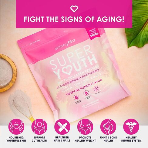 SkinnyFit Super Youth Tropical Punch متعدد الكولاجين الببتيدات + البروبيوتيك، ألياف الباوباب، خل التفاح، حمض الهيالورونيك، وفيتامين C، الجلد، الشعر، المفاصل والتمثيل الغذائي، 30 وجبة in Kuwait