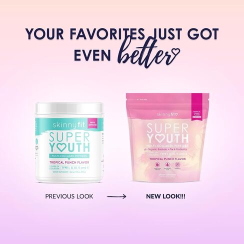 SkinnyFit Super Youth Tropical Punch متعدد الكولاجين الببتيدات + البروبيوتيك، ألياف الباوباب، خل التفاح، حمض الهيالورونيك، وفيتامين C، الجلد، الشعر، المفاصل والتمثيل الغذائي، 30 وجبة in Kuwait