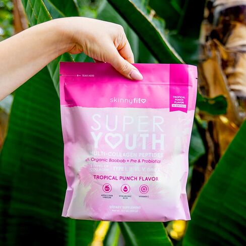 SkinnyFit Super Youth Tropical Punch متعدد الكولاجين الببتيدات + البروبيوتيك، ألياف الباوباب، خل التفاح، حمض الهيالورونيك، وفيتامين C، الجلد، الشعر، المفاصل والتمثيل الغذائي، 30 وجبة in Kuwait