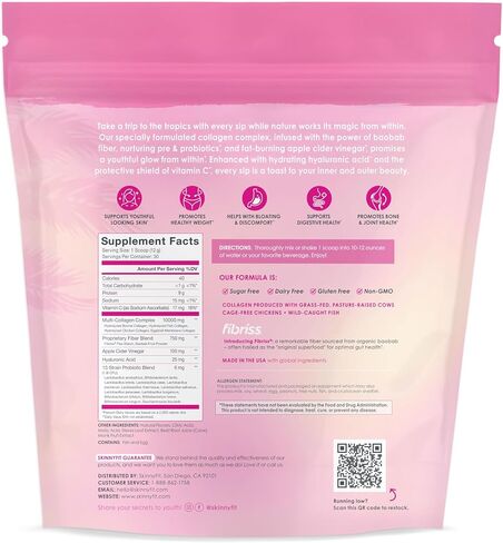 SkinnyFit Super Youth Tropical Punch متعدد الكولاجين الببتيدات + البروبيوتيك، ألياف الباوباب، خل التفاح، حمض الهيالورونيك، وفيتامين C، الجلد، الشعر، المفاصل والتمثيل الغذائي، 30 وجبة in Kuwait
