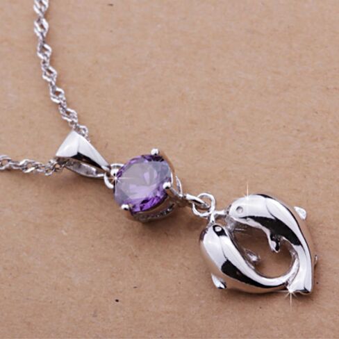 Kissing Dolphins in Purple Love Pendant Necklace, Comes with Elegant Jewelry Box in Saudi Arabia
