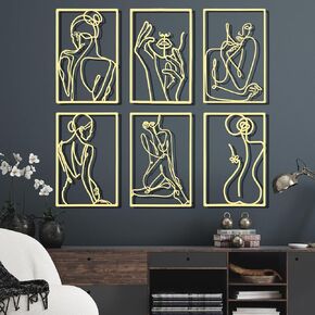 Cindeer 6 Pcs Metal Wall Decor Metal Abstract Woman Wall Art Modern Decor Aesthetic Hanging Art Large Single Line Wall Sculpture for Home Bedroom Living Room (Gold)