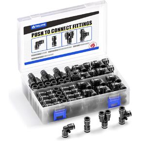 TAILONZ PNEUMATIC Black 1/4 Inch od Push to Connect Fittings Pneumatic Fittings Kit 20 Spliters+20 Elbows+20 tee+20 Straight (80 pcs)
