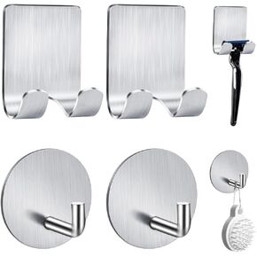 2-Pack Razor Holder For Shower + 2-Pack Adhesive Wall Hooks,304 Stainless Steel Self Adhesive Shower Razor Holder And Waterproof Sticky Hooks For Bathroom Kitchen Organize Towels, Clothes, Hats