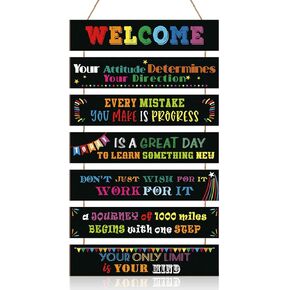 Bucherry Set of 7 Classroom Welcome Wall Decor Back to School Wood Wall Pediments Inspirational Quotes Decor Motivational Classroom Positive Saying Wall Plaque Hanging for Teachers Students Office
