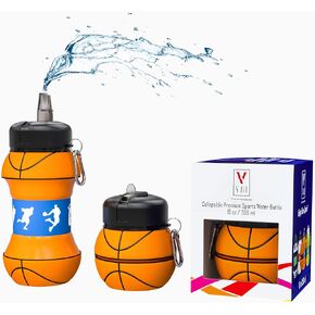 Kids Sports Water Bottle Collapsible Ball Shaped Drinking Cup Leak Proof School Lunch Mug Shockproof Squeezable Basketball Soccer Baseball Football Champion Team Gift Idea Travel Jug