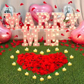 Marry Me Sign Large Proposal Decorations Light Up Letters with 2000 Pcs Rose Petals and 24 Romantic LED Flameless Candles Love Balloons Kit for Valentines Day Engagement Wedding Outdoor Decor
