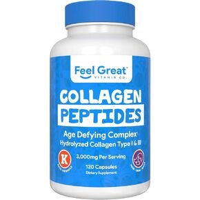 Hydrolyzed Collagen Peptides Powder Capsules (Type I &III) by Feel Great Vitamin Co. | Wheat Free, Keto & Paleo Friendly | Collagen Powder Supplement for Hair, Skin and Nails*