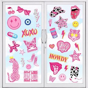 Whaline 9 Sheets Preppy Y2k Hot Pink Window Clings Smile Face Lips Leopard Lightning Window Decal Double-Sided for Teen Girls Bachelorette Early 2000s Theme Party Preppy Room Decor