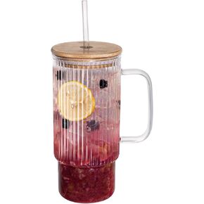 32oz Ribbed Glass Cup with Handle Bamboo Lid and Straw, Glass Tumbler, Iced Coffee Cups Hot/Cold Drinks