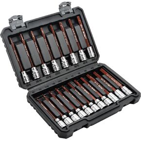 LLNDEI 3/8-Inch Drive Extra Long Allen Hex Bit Socket Set 19PCS- Standard SAE & Metric (1/8"-3/8", 3-12mm), CR-V&S2 Alloy Steel, Durable Tool Accessories Kit for Mechanics