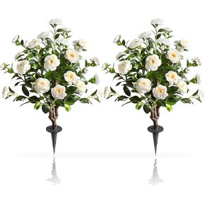 36" Artificial Camellia Tree, 2 Pack Soil Insertion w/Spike,30 Blooming Flowers Plants,Faux Floral Plant Blooming Tree in Cement Pot, Greenery Potted Plant for Indoor Outdoor Office Home Porch Decor