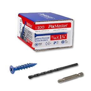 3/16 x 1-3/4" Countersunk Phillips Flat Head Blue Concrete Screw Anchors (100 pcs Screw Kit) with one Screwdriver and Drill Bit for Concrete, Masonry, Block, Brick and Wood Fastening