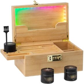 MKQ Storage Box with Lock,Bamboo Storage Box with Combination,Smell Proof Box with Removable Tray and Jars,Wooden Storage Box,Decorative Box Set with Light (Pink)