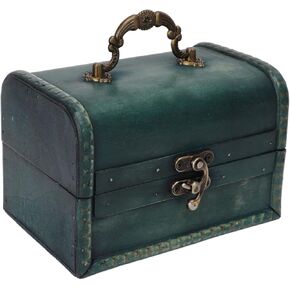 Antique Stained Wood Treasure Chest, Luggage Décor Wooden Box with Handle, Vintage Storage Trunk with Hinged Lid,Decorative Box for Home Decor,Portable Practical Jewelry Storage Case,Retro Green