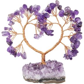 Heart love Crystal Money Tree of Life with Natural Amethyst Cluster Crystal Base Spiritual Room Decoration for Reiki Feng Shui Good Luck Aquamarine and Rose Quartz