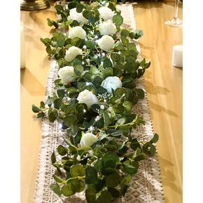 6.5 Ft Artificial Eucalyptus Garland with Rose Flowers, Wedding Centerpiece Table Decor 20 LED Lights Silk Spring Garland Hanging Decoration for Table Runner Arch Door Decor (1 Piece)