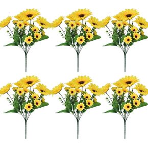 6 Pack Artificial Sunflowers with Stems for Indoor Outdoor 12 inch Fake Silk Sunflower with 13 Sunflower Heads and 27 Green Leaves Decor Home Wedding Party Office (6Pack)