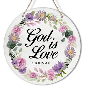 علامة yuzi-n god is love إكليل للباب الأمامي، علامة دائرية مقاس 10 بوصات لأكاليل الزهور، إكليل خشبي مستدير من الخشب المقدس معلق على شكل لوحة خشبية لديكور الحائط المسيحي in Kuwait