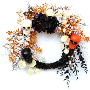 DecorbyHannah Gothic Halloween Wreath, 20 Inch Halloween Door Wreath with Lights, Halloween Decorations with Skull for Porch Window Outdoor Indoor Home Party Decor (Black Orange)