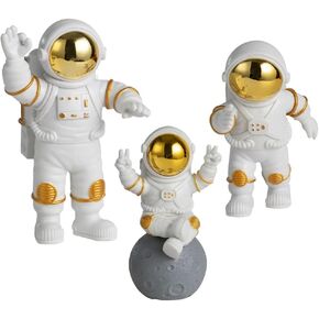 3 Pcs Astronaut Figurine Decor, Cool Cute Space Man Sculpture Decoration for Men Space Figure Ornament Office Desk Shelf Bookshelf Home Room Bedroom Theme Party (Golden/White,Astronaut Statue Set)
