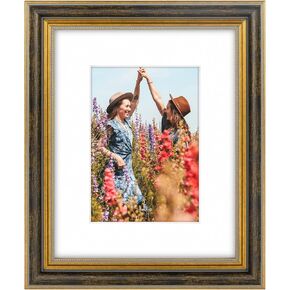 Space Art Deco, 11x14 Ornate Picture Frame for 8x10 Photo with White Mat, High Definition Real Glass for Wall Mounting (Vintage Gold, 1 Pack)