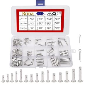110Pcs 304 Stainless Steel Flat Head Clevis Pins Cotter Pin Clip Key Assortment Kit Link Hinge T-Shape Round Pin M3 M4 M5 Assorted Sizes Set