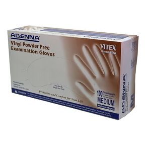 قفازات امتحان Adenna Vitex 4 مل خالية من البودرة من الفينيل (كريمي، متوسط) صندوق من 100 قطعة