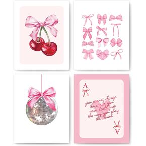 okaxscm Pink Coquette Bow Trendy Preppy Wall Art Prints Set of 4, Coquette Room Decor, Preppy Room Dorm Decor Aesthetic, Pink Bow Cherry Disco Ball Wall Decor Posters for Girls Bedroom, 8x10 Unframed