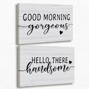 OXW Hello Gorgeous Couple Wall Art - Couples Bedroom Decor, His and Hers Bedroom Decor, Good Morning Gorgeous Bathroom Decor, 11x14 Inch Set of 2