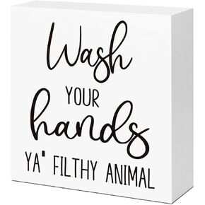 Funny Bathroom Wood Block Signs,Wash Your Hands YA' Filthy Animal Wooden Box Sign for Bathroom Shelf Toilet Restroom Home Tabletop Desk Decor,Rustic Bathroom Sign Decor
