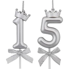 15 Birthday Candles, 15th Cake Candles, Silver Happy Birthday Number 15 Candles Cake Topper Decorations for Party Kids Boys Girls