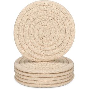 6 Pcs Woven Braided Coasters for Drinks Absorbent-Modern Dinning Room Decor Housewarming Cup Mat-Hot Cold Drinking Good Choice (Beige)