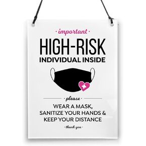 6x8 Inch High Risk, Please Mask Sanitize Distance Designer Sign ~ Ready to Hang ~ Premium Finish, Durable