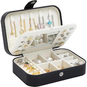 حقيبة مجوهرات للسفر مع مرآة، صندوق مجوهرات صغير من جلد البولي يوريثان للنساء والفتيات، منظم مجوهرات صغير محمول للسفر، تخزين المجوهرات بطبقتين للقلائد والأقراط والخواتم والأساور (وردي) in Kuwait