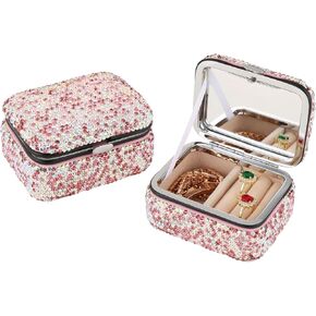 Shiny Rhinestone Crystal Portable Jewelry Case with Mirror Bling Diamonds Travel Earrings Necklace Rings Organizer Box Valentine's Day Gifts(Silver)