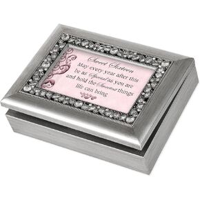 Cottage Garden Sweet Sixteen Brushed Silver Jeweled Inlay Jewelry Music Box Plays You Light Up My Life