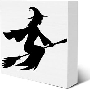 Witch Sign Flying Witch Wooden Sign Halloween Party Decorations for Home Shelf 5 X 5 Inches